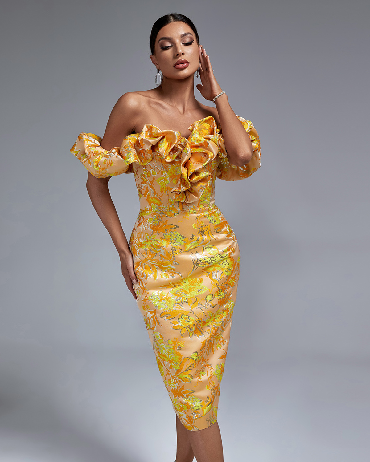Ocstrade Cocktail Dress - Elegant Floral Print Gold Dress