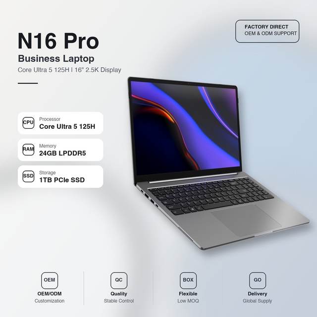 Brand Laptop Notebook Computer Core Ultra 5 125H 16 Inch 16GB RAM 512GB SSD Windows 11 Wholesale OEM ODM Factory Global Ready