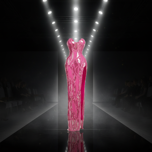 Vestido de Noche Dinámico con Textura Abstracta de Rayas de Luz y Corte Estructural Audaz - Product Image 1