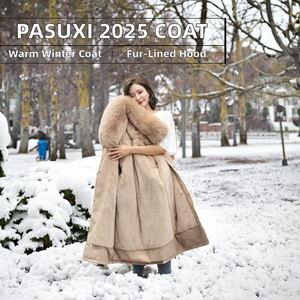 PASUXI 겨울 여성용 울 재킷 롱 헤어 칼라 벨벳 통기성 따뜻한 지퍼 클로저 폭스 퍼 캐주얼 아우터웨어 코튼 로고 - Product Image 3
