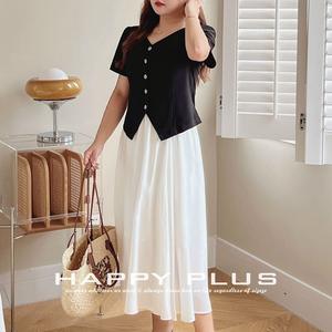 Runqi – haut à manches courtes et col en v pour femmes, grande taille, noir, couleur unie, polyester, N8728 - Product Image 5