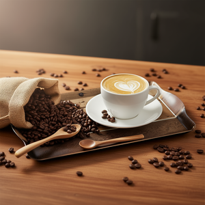 Plateau de service à café KESPER 12x8 pouces, style bois décoratif avec motif grains de café et latte art, pour cuisine ou café. - Product Image 3