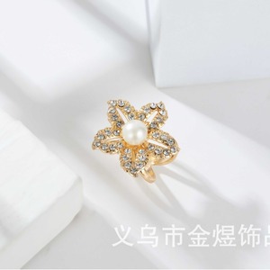 Flower Shape Pearl <b>Ring</b> With <b>Crystal</b> Inlay For Women Daily Wear Gold Tone Fashion Jewelry - Product Image 4