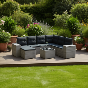 Ensemble de canapés de jardin en rotin gris, 6 places, mobilier d'extérieur, design contemporain, structure en acier, plateau en verre trempé - Product Image 2