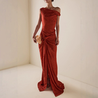 Robe de soirée longue en satin jacquard asymétrique à une épaule, avec nœud torsadé à la taille et fente avant, élégante et sexy pour femme