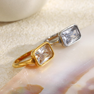 Stainless Steel Rectangle Zircon Bezel <b>Ring</b> Trendy Geometric <b>Statement</b> Finger <b>Ring</b> For Women Daily Stackable Party Jewelry - Product Image 5