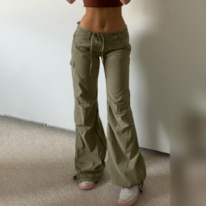 High Quality <strong>Army</strong> Green Cargo <strong>Pants</strong> Casual Straight Leg Style with Flat Front Breathable Mid Waist Loose Fit and Pockets - Product Image 2
