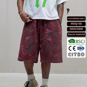 Custom <b>Men</b> Baggy Wide Leg Red <b>Camo</b> Print Elastic Waist Side Pockets Soft Wash <b>Jogger</b> Shorts - Product Image 1