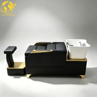 Lit de spa moderne noir en acier inoxydable, étanche, avec tête en céramique, pour salon de coiffure, en cuir synthétique, avec repose-pieds réglable, pour salle de bain et institut de beauté