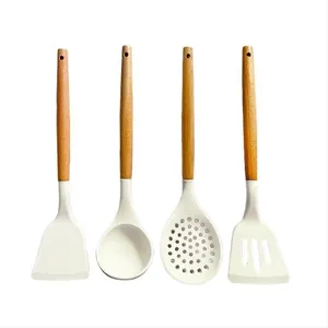 Wholesale Food Grade Silicone 12-Piece Set Wooden Handle Pink Silicone Leakage Shovel Kitchenware