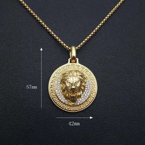 Collier pendentif tête de lion en acier inoxydable plaqué or avec strass pour homme, bijoux de fête hip hop - Product Image 4