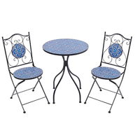 Ensemble de salle à manger d'extérieur moderne pliable en fer pour balcon d'appartement, motif mosaïque noir/bleu, 2 chaises, 1 table