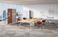 Mesa de Reuniones para Oficina, Mesa Grande para Sala de Juntas con Puertos para Gestión de Cables, Superficie MFC y Patas Metálicas