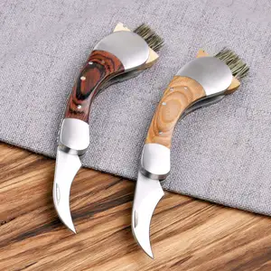 luxury design Wood handle stainless steel mushroom cutting tool folding pocket knife with brush