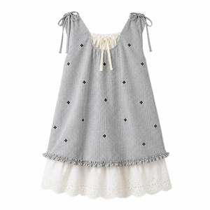 <span class=keywords><strong>Robe</strong></span> d'été décontractée pour fillettes, en coton mélangé, à carreaux, avec dentelle ajourée, sans manches, style boutique - Product Image 1