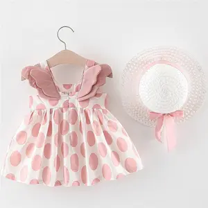 Best Selling Products Cotton Cute Pink Yellow Angel Wings Sleeveless Polka Dot Dress Skirt Baby Girl With Straw Hat