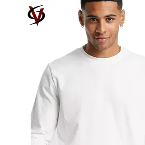 Customized Logo Available Plain White 95% Cotton 5% Spandex Long Sleeve Men's T Shirts in Bulk