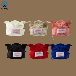 Biểu Tượng Tùy Chỉnh Mới Đến Giản Dị Dệt Kim Beanie <span class=keywords><strong>Hat</strong></span> Pháp Dệt Kim <span class=keywords><strong>Hat</strong></span> Hàn Quốc Phong Cách Dễ Thương Fox Tai Nhân Vật Beanie Mũ - Product Image 1