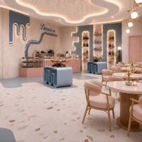 Mobilier de magasin de bonbons pastel sur mesure avec façade ondulée, sol en terrazzo et design intérieur complet du magasin