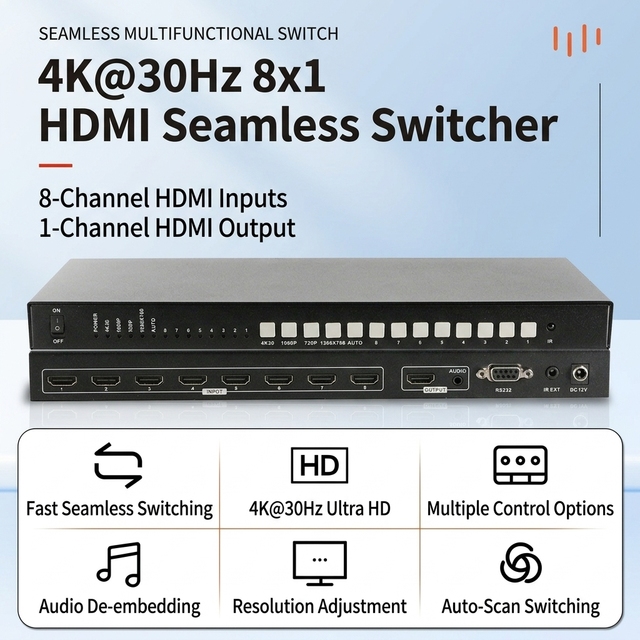 Hardrock Industrial-Grade 8x1 Seamless Switcher Matrix Metal 4K for Selector with Private Mold Scaling Audio De-embedding