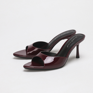 Sandalias de tacón de aguja con punta abierta y suela de TPU ligera, personalizadas al por mayor, con efecto espejo y patente, para mujer, tipo mules sin cordones. - Product Image 6