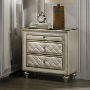 Beige 2-<b>Drawer</b> Nightstand With Quilted Design And Glass Top <b>For</b> Bedroom <b>Storage</b> - Product Image 1