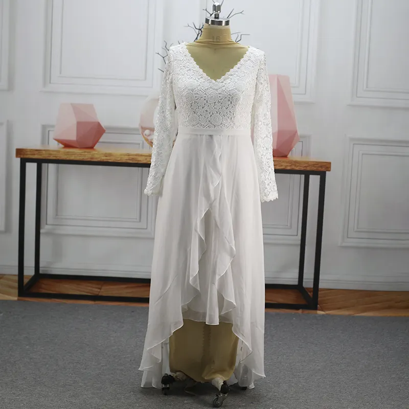 Gaun pernikahan lengan panjang, diskon renda pabrik ukuran Plus elegan Fashion Vestido De Noiva pengantin Tulle Mariage putih pendek untuk wanita