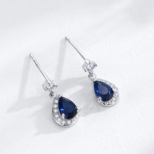 Pendientes de lágrima personalizables en cobre y plata de ley S925 con circonita azul profundo y zafiro para mujer - Product Image 3