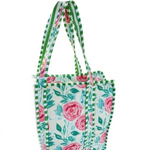 White rose printed quilted cotton tote bag with green striped handles stylish padded shoulder bag for shopping travel daily use - Product Image 1