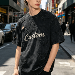 Camiseta Oversize para Hombre de Manga Corta con Cuello Redondo, Estampado Dripping, Estilo Urbano y Bajo Deshilachado - Product Image 5