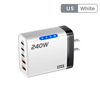 Cargador GaN de 240W con 5 Puertos USB PD de Carga Rápida, Adaptador de Corriente USB-C con Luz LED, Enchufe EU/US, OTP, OVP, PD 3.0 para Teléfono Móvil