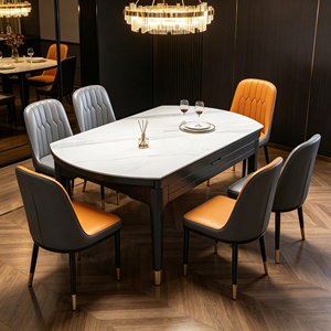 Ensemble de table à manger en pierre frittée, structure en bois massif avec tiroir de rangement, chaises de salle à manger en cuir PU bicolore, mobilier de salle à manger domestique - Product Image 6