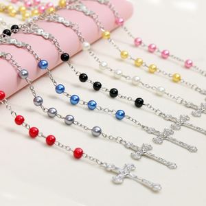 Rosario Católico de Perlas de Imitación con Cruz, Collar de Perlas para Bautizo, Comunión, Rosario de 8mm, Joyería Cristiana de Jesús, Regalo Religioso - Product Image 1