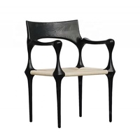 Chaise de salle à manger décontractée moderne sans accoudoirs en bois de frêne antique, dossier haut, siège rembourré en rotin noir, pour la maison et les restaurants