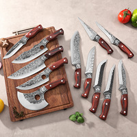 Ensemble de couteaux de boucher forgés à la main, couteaux de chef en acier inoxydable martelé, manche en bois antidérapant pour couper la viande, hachoir à os
