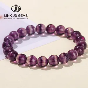 JD Natural Gemstone Bracelet Stretch Charm Handmade Wristband Jewelry 7A Natural Purple Fluorite Round Stone Beads Bracelet