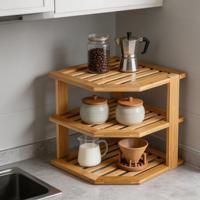 Étagère d'angle 3 niveaux en bambou pour cuisine, meuble de rangement gain de place pour bols, assiettes et ustensiles