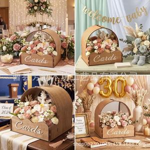 Wooden <b>Wedding</b> <b>Card</b> Storage <b>Box</b> With Flower Trough Rectangular Standing Type For <b>Wedding</b> Decor - Product Image 3