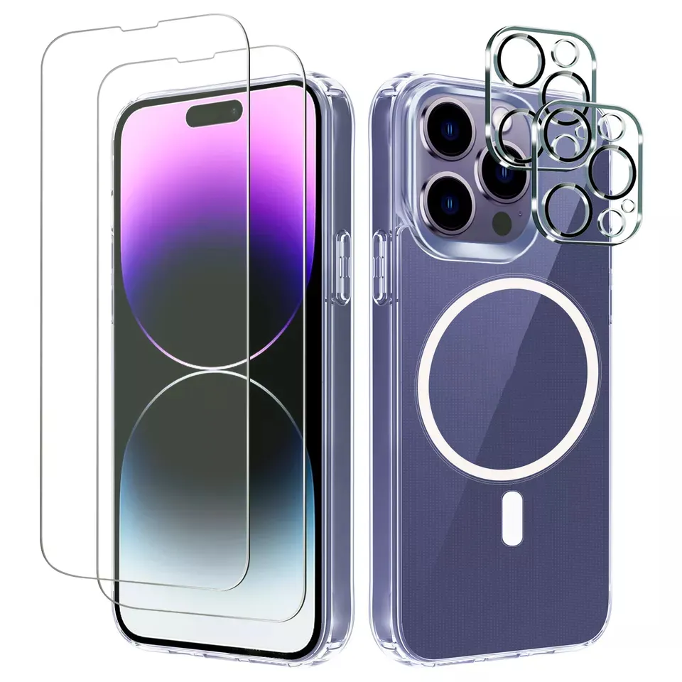 5 in 1 Magnetic Clear for iPhone 14 Pro Case 2 Pack Tempered Glass Screen Protector Camera Lens Protective Cover for iPhone 15
