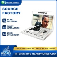 Support d'affichage de bureau interactif en acrylique personnalisé pour la vente au détail, intégré avec un bouton métallique et un éclairage LED