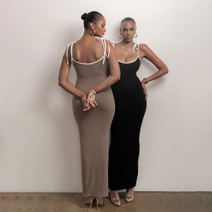 Robe de soirée longue sans manches pour femme, col rond, coupe ajustée, couleur contrastante, dos nu, taille naturelle, robe de fête tendance - Product Image 2