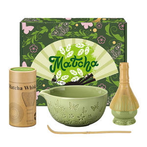 Ensemble de thé matcha japonais en céramique 4 pièces avec bol à motif papillon et fouet en PP pour la cérémonie traditionnelle du thé - Product Image 1