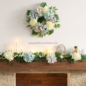 Eaglegifts Lụa Màu Xanh Trắng hoa cẩm tú cầu Hoa Vòng hoa bạch đàn lá bướm mùa xuân mùa hè Vòng hoa cho cửa trước với đèn - Product Image 6