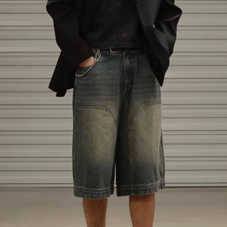 Short en jean à jambes larges personnalisé de haute qualité grande taille pour hommes Short en jean vierge lavé vintage pour hommes