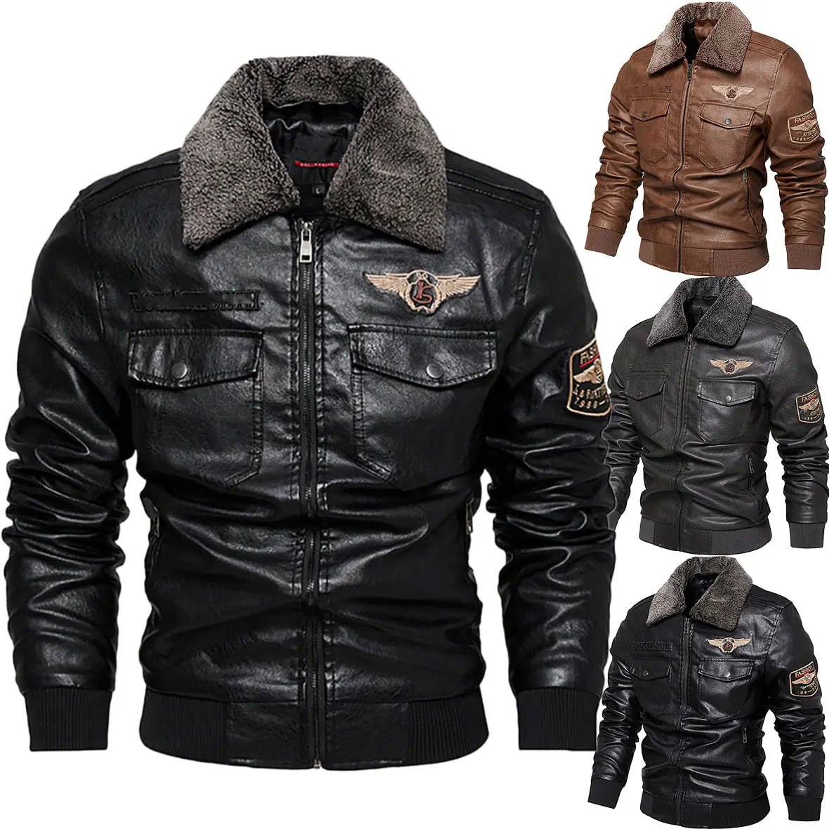 Men's Fashion Autumn & Winter PU Leather Warm Jacket Thick Cotton Motorcycle Coat Men's Furry Turn Collar Business Men's Jacket