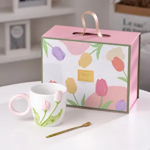 Creative Fresh Tulip Mug 3D Flower Tulip Ceramic Cup Office Gift Box with Coffee and Milk