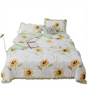Parure de lit quatre pièces en fibre de polyester 100 % motif tournesol simple, draps imprimés floraux verts pour chambre à coucher - Product Image 4