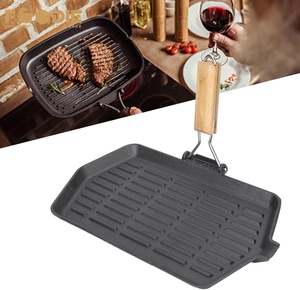 Poêle à griller <span class=keywords><strong>rectangulaire</strong></span> en fonte pré-assaisonnée avec poignée en <span class=keywords><strong>bois</strong></span> pliable, polyvalente pour grillades de steaks et d'œufs - Product Image 4