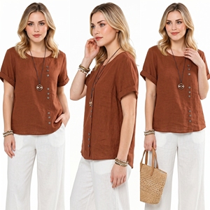 <span class=keywords><strong>T</strong></span>-<span class=keywords><strong>shirt</strong></span> da <span class=keywords><strong>donna</strong></span> estiva retrò a tinta unita, taglie forti, casual, vestibilità ampia, con bottoni, in cotone e <span class=keywords><strong>lino</strong></span>, a maniche corte, girocollo - Product Image 1
