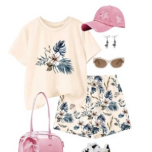 Beige Girls Casual 2Pcs Set Short Sleeve T-Shirt Print Solid Color <b>Elastic</b> Waist Shorts Comfortable Pajamas Summer Outfit - Product Image 3